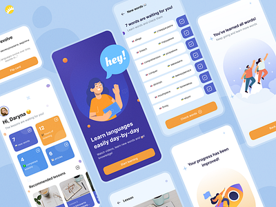 Languages Learning Mobile App Design contrast education elearning illustratuions language language learning learn learning app learning platform lessons minimal mobile app mobile application mobile design student study app studying teacher ui ux