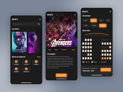 Movie Ticket Booking App app design mobile movie movie theater orange seat seats theater ticket ui ux