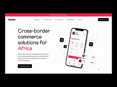 Klasha: cross-border commerce solutions for Africa b2b design b2b2c design b2c design commerce design cross border payments digital product e commerce solution design fintech fintech design global commerce global economy jamstack landing page marketing website product page product website saas design website design