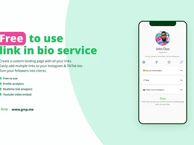 Grrp.me, free to use link in bio service developer portfolio site ui web