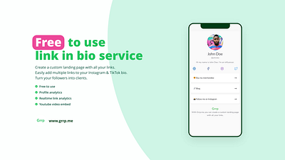 Grrp.me, free to use link in bio service developer portfolio site ui web