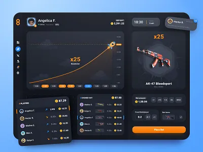 Fat Lootz roulette: Crash game app bets betting casino crash csgo dark dashboard esport figma gambling game interface lottery player product design roulette uiux web app web design
