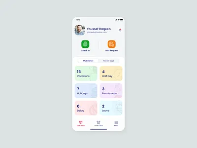 Hudoor App 03 Home ( Page Check In + My Balance ) check in ios ui card permission