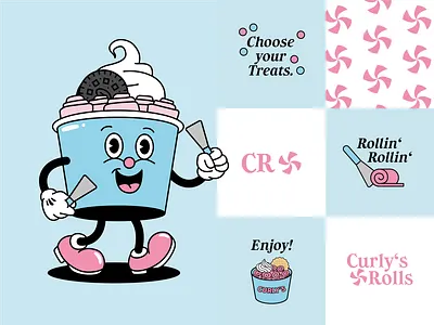 Curly's Rolls Ice Rolls Cafe Brand Identity brand identity branding cafe design drawing food graphic design ice ice rolls illustration logo mascot