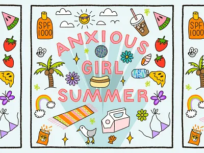Anxious Girl Summer Illustration anxiety butterfly cheetos doodle florida hand lettering illustration la croix mental health palm tree rainbow summer