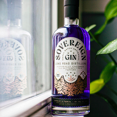 Sovereign Gin Packaging Design alcohol art direction botanical bottle butterfly craft distillery design distilling floral foil gin graphic design illus label label design packaging packaging design purple sophisticated spirits