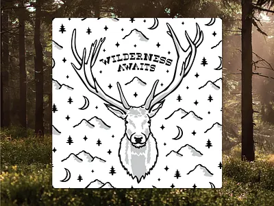 Wilderness Awaits Pattern adventure animal black and white design elk forest grayscale moon mountains nature pattern pattern design pattern square stars trees wild wilderness woods