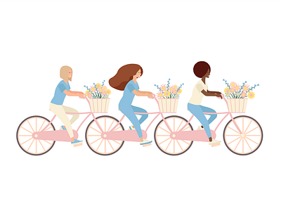 Three different girls on tandem bike celebrating summertime activity bicycle bike biking cycle cycling diversity flowers friendship fun girl love people summer summertime tandem bike vector woman women world