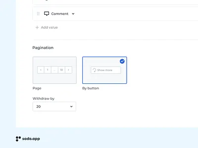 Pagination type selection. sado.app constructor finance interface low code pagination sado.app