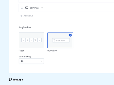 Pagination type selection. sado.app constructor finance interface low code pagination sado.app