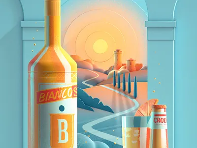 Tandem 3d bottle car cinema4d cocktail drink hill illustration italy landscape poster render sunset