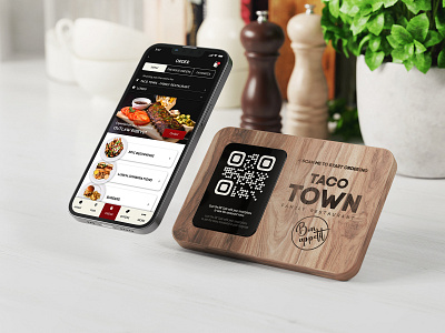 QR Code Menu Sign With Smartphone Screen Mockup PSD app cafe code digital menu mockup qr restaurant scan screen smartphone stand tablet