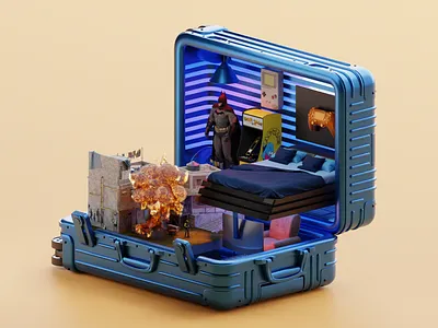 Tiny gaming setup suitcase 3d batman blender blender3d c4d gaming illustration isometric lowpoly nft playstation room setup suitcase
