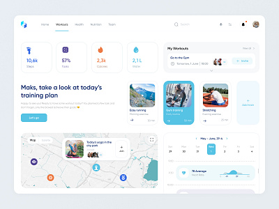 Fitness Tracker Dashboard calendar calories charts dashboard dashboard fitness fitness gym health map nutrition saas sport tasks team training plan trainings web app web dashboard web system workout
