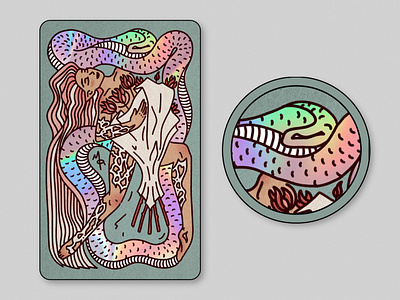 Snake & Roses Daydreaming art nouveau card card design cartoon card colorful digital art elf elvish femme game game card girlish lineart neon procreate rainbow rose snake tarot card tarot style