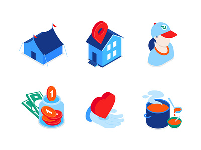 Support and humanitarian aid isometric icons charity design donation food humanitarian aid isometric isometry refugee camp soup kitchen style vector volunteer