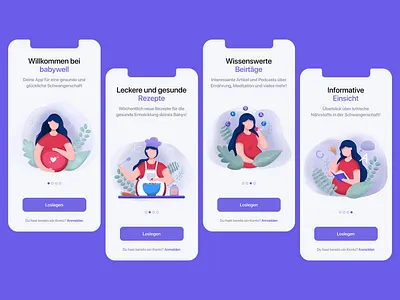 Babywell - Walkthrough screens app baby care character cooking design drawing female feminine food illustration nutritients pregnancy pregnant ui woman women