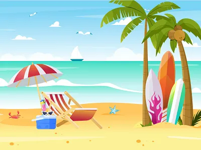 Beach paradise beach coconut tree crab design flat illustration illustrator landscape minimal ocean palm tree sea summer surfboard surfing umbrella vector vectorart web illustration website illustration