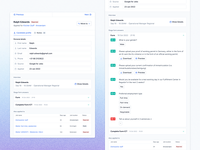 Candidate profile + form results candidate candidate profile crm form greenhouse history job jobs lever list profile profile details recruiting recruitment slide panel slider status table teero typeform