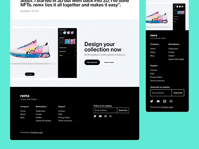 New remx footer 3d black branding design desktop digital wearables footer illustration mobile nfts teal ui ui design ux design web3