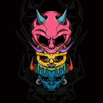 THREE DEVIL HEAD art cartoon character design doodle graffiti illustration logo vector