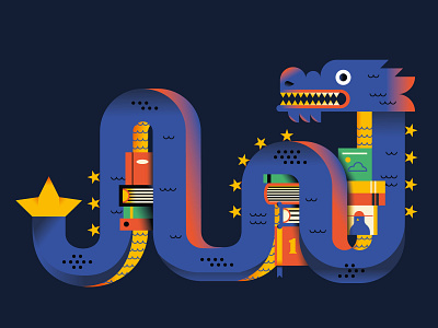 L'Espresso magazine blue books character china culture cute design draft dragon dribbble europe flat illo illustration magazine minimal palette shot stars vector