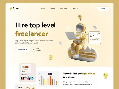Stars is a Freelancer Hiring Platform Landing Page 3d clean ui freelance freelance designer hiring hiring platform home page illustration job landing page minimal ui uiux ux website