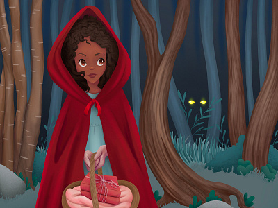 Red Riding Hood in the Deep Dark Woods children dark digital painting eerie fairytale folktale girl illustration kidlit kids night red riding hood red ridinghood story wolf