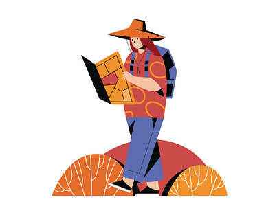 traveler 2d backpack cartoon character girl hat illustration map nature outdoor portrait pose search style tourist travel traveler vector vintage