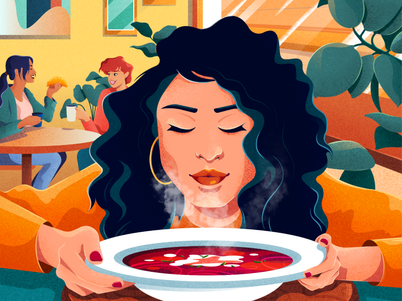 Smells good character colors dishes food illustration noise restaurant tasty ukrainian vector