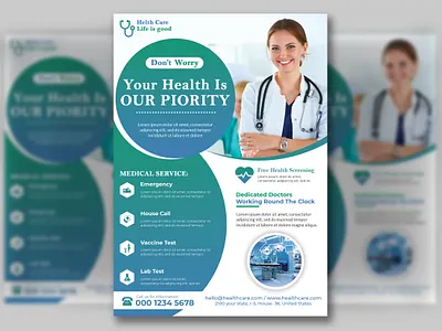 Hospital Clinic Flyer Template Design 3d animation branding business flyer design event flyer flyer flyer design graphic design hospital hospital flyer hospital flyer design illustration logo motion graphics postcard postcard design ui