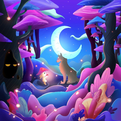 Redglow artwork book illustration colorful cover forest gradient illustration illustrator inspiration moon mushroom night novel red shading wolf