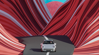 Car Between Mountains 3d 3d illustration abstract aesthetic animation branding car colors design graphic design illustration landscape logo motion graphics porsche poster space ui vector vibe