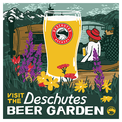 Visit The Deschutes Brewery Beer Garden beer deschutes illustration lettering mountains nature oregon poster river