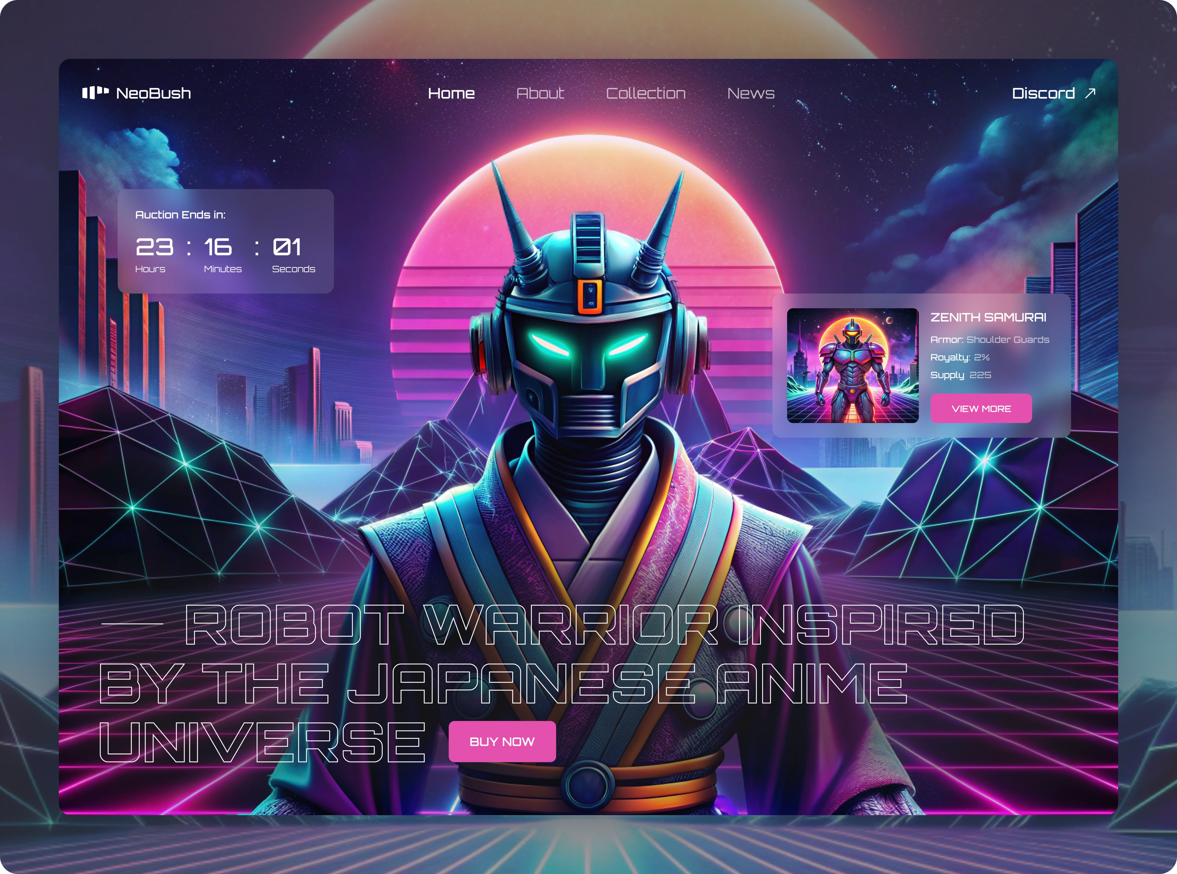 NeoBush - Futuristic Robot Warrior NFT Marketplace beautiful countdown crypto future futuristic hero herosection homepage inspiration japan japanese landing laptop marketplace mockup nft pink purple ui website