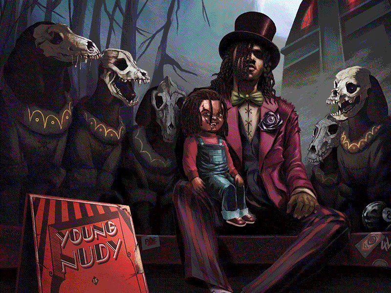 Young Nudy DR.EV4L animated cover NFT 2d 2danimation animation circus dog hiphop illustration motion design motion graphics music nft rap skull