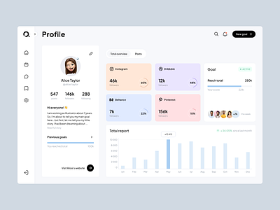 Social media promotion management web app account animation behance chart dashboard dribbble goals graph instagram pinterest plan profile progress promotion sidebar social media statistics tab techwings web