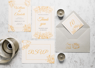 Wedding invitation beautiful design envelope flower gold graphic design illustration invitation love main rsvp save the date table number thank you card vector wedding yellow