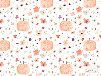 Watercolour Pumpkin and Flowers Pattern Design autumn cottage cute design fabric design fall fall illustration flowers hand painted illustration illustrator kids illustration pattern pattern designer pumpkin watercolour whimsical