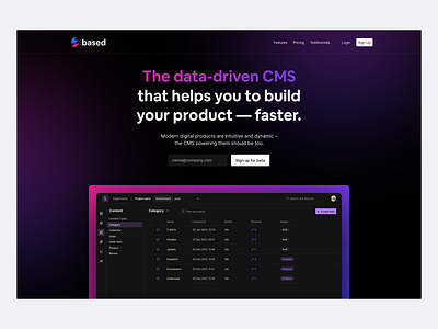 Developer CMS: hero section. cms components data database design hero interface landing