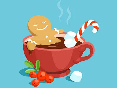 Gingerbread Man in a Cup with Hot Chocolate cartoon cute design illustration illustrator postcard vector