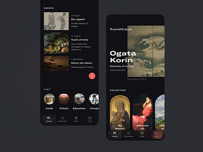 Kunsthaus Art Museum App art audio collection concept design details page exhibition gallery home page map menu mobile app modern musuem navigation reading tickets