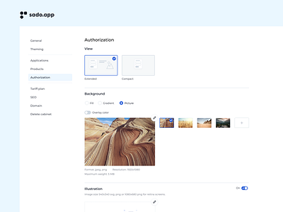 Setting up the login page. V1 app finance interface login login page low code sado.app settings ui