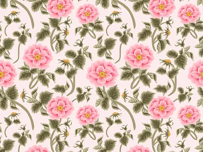 Pink Blossom Floral Seamless Pattern aesthetic beauty bloom blossom botanical digital art feminine floral flower flower illustration garden illustration nature pattern design repeat pattern rosa canina rose seamless pattern spring summer