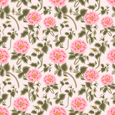 Pink Blossom Floral Seamless Pattern aesthetic beauty bloom blossom botanical digital art feminine floral flower flower illustration garden illustration nature pattern design repeat pattern rosa canina rose seamless pattern spring summer