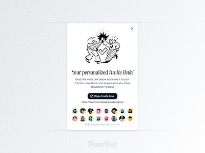 Peerlist Invite Link Modal copy link illustration invite link modal design peerlist product design professional network ui