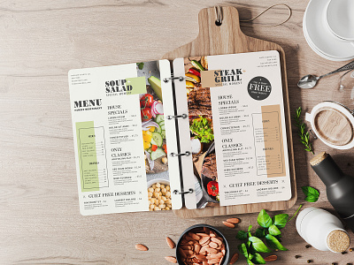 Restaurant Menu On Cutting Board Mockup PSD a4 binding board cafe cook food information menu mockup paper restaurant wooden