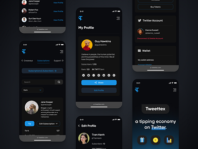 Web Platform - Mobile black blue browser crypto dark theme design minimalistic mobile mobile version my profile online platform screens tweettex twitter ui ux web 3.0