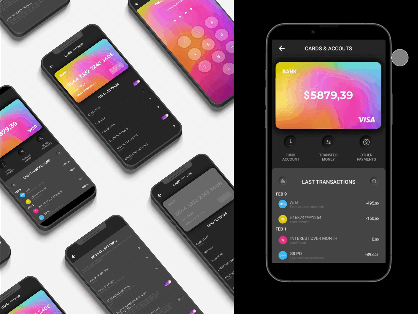 DailyUI 007 | Settings bank app card app card settings concept credit card daily ui dailyui007 dark theme design e wallet figma gif mesh gradient mobile app motion prototype ui ui design uiux uiux design