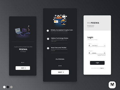 Mobile onboarding screens and a Log In screen for PESEWA app dev appdev crypto crytocurrency design concept login mobile ui